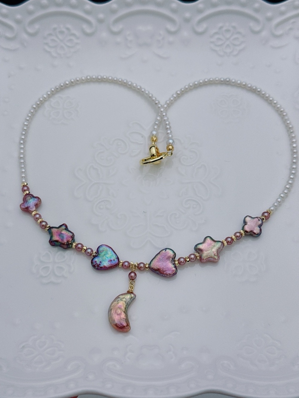 RL043 Handmade Premium Quality Freshwater Baroque Necklace Moon&Star 18” - Picture 6 of 16